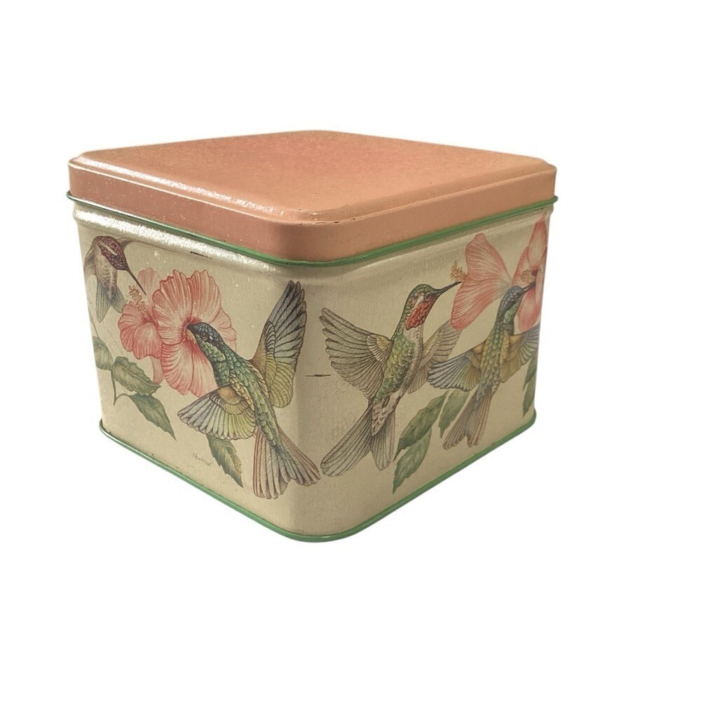 Vintage 1993 Potpourri Designs Hummingbird Hibiscus Square Metal Tin Decor